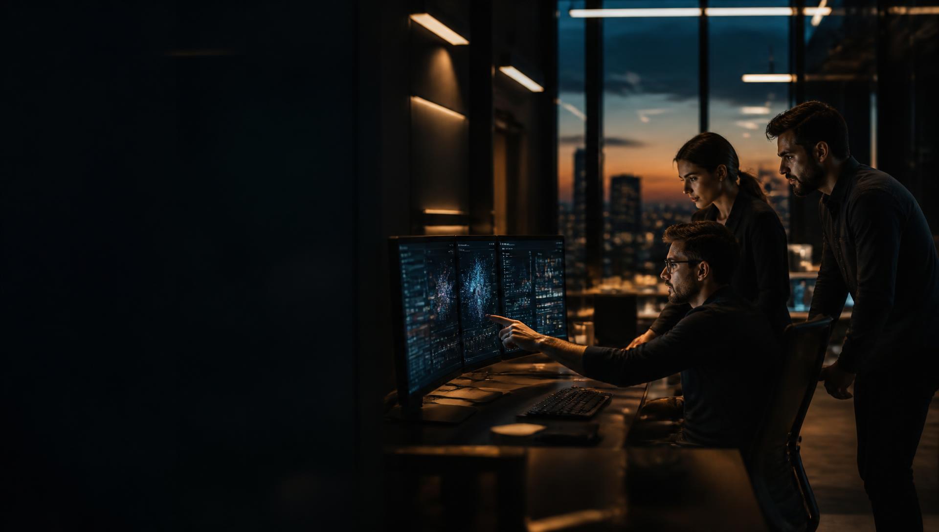 AI engineering team reviewing model performance dashboards in a modern office